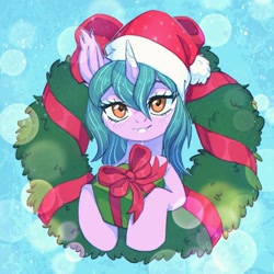 Size: 1369x1368 | Tagged: safe, artist:ls_skylight, derpibooru import, oc, pony, unicorn, christmas, commission, hat, holiday, present, santa hat, wreath, ych result