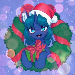 Size: 1369x1368 | Tagged: safe, artist:ls_skylight, derpibooru import, oc, pony, unicorn, animated, christmas, commission, hat, holiday, present, santa hat, wreath, ych result