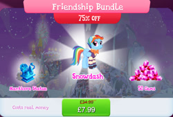 Size: 1268x856 | Tagged: safe, derpibooru import, rainbow dash, manticore, pegasus, pony, bowtie, bundle, clothes, costs real money, english, female, folded wings, gameloft, gem, mare, mobile game, my little pony: magic princess, numbers, official, rainbow dash always dresses in style, sale, shirt, snowdash, solo, solo focus, statue, text, waistcoat, wings