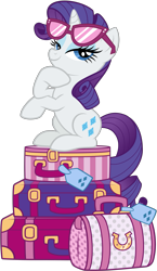 Size: 1723x2967 | Tagged: safe, artist:jaye, derpibooru import, rarity, pony, unicorn, .svg available, luggage, simple background, sitting, solo, stock vector, sunglasses, transparent background, vector