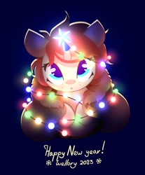 Size: 995x1200 | Tagged: safe, artist:wellory1, derpibooru import, oc, oc only, oc:redly, pony, unicorn, christmas, christmas lights, happy new year, happy new year 2023, holiday, horn, looking at you, solo, unicorn oc