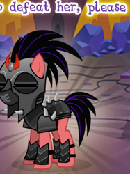 Size: 514x689 | Tagged: safe, derpibooru import, crystal pony, pony, alternate timeline, armor, cropped, crystal war timeline, female, gameloft, helmet, meme, mind control, my little pony: magic princess, soldier, solo, sombra soldier, sombraverse, spikes, text, unnamed character, unnamed pony, wow! glimmer