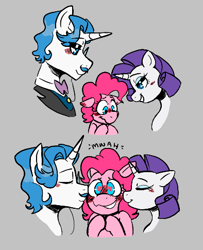 Size: 394x485 | Tagged: safe, artist:dsstoner, fancypants, pinkie pie, rarity, earth pony, pony, unicorn, aggie.io, bisexual, blushing, blushing profusely, clothes, comic, ears, female, floppy ears, flustered, heart, heart eyes, kiss on the cheek, kissing, lesbian, lowres, onomatopoeia, raripie, shipping, shipping fuel, simple background, trio, wingding eyes