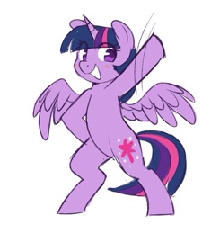 Size: 565x601 | Tagged: safe, artist:higglytownhero, derpibooru import, twilight sparkle, twilight sparkle (alicorn), alicorn, pony, bipedal, dancing, eye clipping through hair, grin, smiling, solo, spread wings, wings