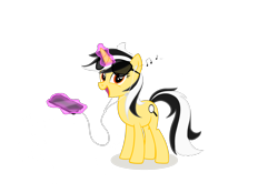 Size: 2360x1640 | Tagged: safe, derpibooru import, oc, oc only, pony, unicorn, 2023 community collab, derpibooru community collaboration, earbuds, glowing, glowing horn, horn, magic, magic aura, phone, simple background, telekinesis, transparent background, unicorn oc