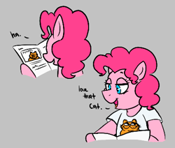 Size: 397x336 | Tagged: safe, artist:dsstoner, pinkie pie, earth pony, pony, aggie.io, amused, comic, garfield, gray background, newspaper, reading, simple background