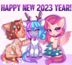 Size: 3000x2724 | Tagged: safe, artist:monstrum, derpibooru import, oc, oc only, oc:mia, oc:mitsy, oc:nancy, alicorn, earth pony, pony, unicorn, alicorn oc, christmas, christmas tree, cute, earth pony oc, happy new year, holiday, horn, light, oc x oc x oc, tree, trio, unicorn oc, wings