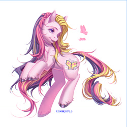 Size: 1280x1280 | Tagged: safe, artist:cbrncrpls, derpibooru import, fluttershy (g3), butterfly, earth pony, pony, g3, female, mare, open mouth, signature, simple background, solo, white background