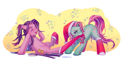 Size: 2675x1377 | Tagged: safe, artist:cbrncrpls, derpibooru import, kimono, minty, earth pony, pony, g3, christmas, clothes, eyes closed, female, hat, holiday, mare, mouth hold, one eye closed, open mouth, open smile, pulling, santa hat, signature, simple background, smiling, socks, that pony sure does love socks, white background