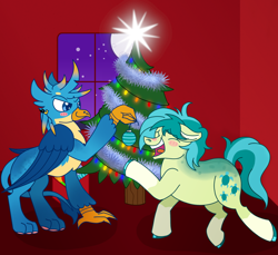 Size: 2246x2060 | Tagged: safe, artist:musical-medic, derpibooru import, gallus, sandbar, earth pony, griffon, pony, bauble, blush sticker, blushing, christmas, christmas tree, ear piercing, earring, eyes closed, gallbar, gay, hearth's warming tree, holiday, jewelry, laughing, male, moon, open mouth, open smile, piercing, present, shipping, smiling, smirk, tree, window