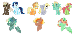 Size: 1112x485 | Tagged: safe, artist:inkprism, derpibooru import, applejack, derpy hooves, tree hugger, zephyr breeze, oc, earth pony, pegasus, pony, floating wings, magical gay spawn, magical lesbian spawn, offspring, parent:applejack, parent:derpy hooves, parent:soarin', parent:tree hugger, parent:zephyr breeze, parents:zephyrhugger, pegasus oc, simple background, transparent background, wings