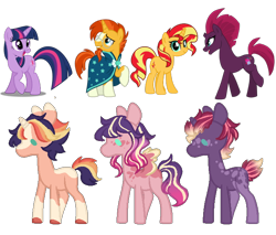 Size: 672x573 | Tagged: safe, artist:inkprism, derpibooru import, sunburst, sunset shimmer, tempest shadow, twilight sparkle, unicorn twilight, pony, unicorn, broken horn, cloak, clothes, coat markings, horn, looking up, parent:sunburst, parent:sunset shimmer, parent:tempest shadow, parent:twilight sparkle, simple background, socks (coat marking), transparent background