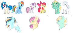 Size: 1112x485 | Tagged: safe, artist:inkprism, derpibooru import, apple bloom, dj pon-3, double diamond, rainbow dash, sweetie belle, vinyl scratch, zephyr breeze, earth pony, pegasus, pony, base used, bow, bust, female, filly, foal, hair bow, magical gay spawn, magical lesbian spawn, offspring, parent:apple bloom, parent:double diamond, parent:rainbow dash, parent:sweetie belle, parent:vinyl scratch, parent:zephyr breeze, simple background, sunglasses, transparent background