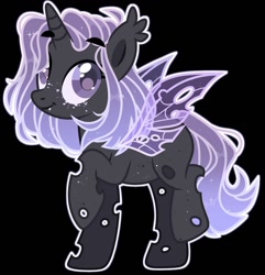 Size: 1060x1100 | Tagged: safe, artist:kreedie, derpibooru import, oc, oc only, changeling, changeling queen, base used, black background, changeling queen oc, eyelashes, freckles, purple changeling, raised hoof, raised leg, simple background, smiling, solo