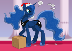 Size: 2807x2000 | Tagged: safe, artist:runningtoaster, derpibooru import, part of a set, princess luna, alicorn, pony, box, cardboard box, christmas, dialogue, female, hat, high res, holiday, hoof shoes, indoors, looking at something, mare, offscreen character, santa hat, solo