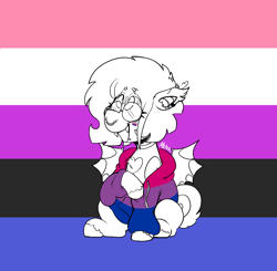 Size: 1000x980 | Tagged: safe, artist:dsstoner, oc, bat pony, pony, bisexual, bisexual pride flag, clothes, ear piercing, earring, genderfluid, genderfluid pride flag, glasses, hoodie, jewelry, lip piercing, nose piercing, piercing, ponysona, pride, pride flag, spread wings, wings