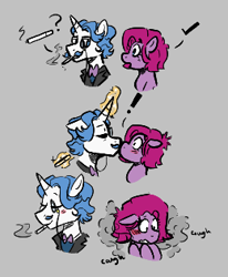 Size: 260x316 | Tagged: safe, artist:dsstoner, fancypants, pinkie pie, earth pony, pony, unicorn, aggie.io, blushing, cigarette, clothes, comic, coughing, eyes closed, female, kissing, magic, male, mare, monocle, open mouth, pinkamena diane pie, pinkiepants, shipping, simple background, smoke, smoking, stallion, straight