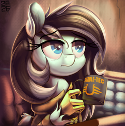 Size: 2000x2015 | Tagged: safe, artist:2fat2fly, oc, oc only, oc:harmonic glow, hippogriff, fallout equestria, clothes, coffee mug, commission, ear fluff, ears, female, mug, solo, stable-tec, tired