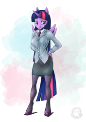 Size: 2171x3070 | Tagged: safe, artist:mysticalpha, derpibooru import, twilight sparkle, twilight sparkle (alicorn), alicorn, anthro, unguligrade anthro, breasts, business suit, businessmare, clothes, female, grin, hand on hip, headlight sparkle, mare, necktie, pantyhose, skirt suit, smiling, solo