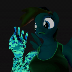 Size: 600x600 | Tagged: safe, artist:kamimation, derpibooru import, oc, oc:kam pastel, anthro, pegasus, 3d, amputee, animated, blender, breasts, clothes, disintegration, gif, glowing, glowing eyes, hat, particles, prosthetic limb, prosthetics, solo, spread wings, wings, worried