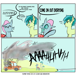 Size: 3000x3000 | Tagged: safe, artist:skunkstripe, derpibooru import, ocellus, sandbar, changedling, changeling, earth pony, insect, pony, car, comic, dialogue, dumb yung-six comics, funny, older, older ocellus, older sandbar, screaming, swarm