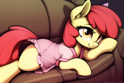 Size: 768x512 | Tagged: safe, derpibooru import, generator:novelai, generator:stable diffusion, machine learning generated, apple bloom, earth pony, pony, clothes, error, female, filly, foal, lying down, missing accessory, nightgown, on side, sofa, solo