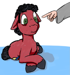 Size: 525x563 | Tagged: safe, artist:thebathwaterhero, derpibooru import, oc, oc:bath, earth pony, pony, ears, earth pony oc, floppy ears, hand, offscreen character, pointing, solo focus