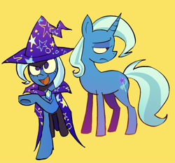 Size: 1190x1109 | Tagged: safe, artist:pichepata, derpibooru import, trixie, pony, unicorn, cape, clothes, female, frown, hat, lidded eyes, mare, open mouth, open smile, raised hoof, raised leg, simple background, smiling, solo, tail, trixie's cape, trixie's hat, underhoof, yellow background