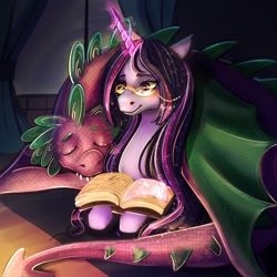 Size: 1024x1024 | Tagged: safe, artist:twiddletwum, derpibooru import, spike, twilight sparkle, twilight sparkle (alicorn), alicorn, dragon, pony, adult, adult spike, bedtime story, book, duo, duo male and female, female, glasses, glowing, glowing horn, horn, lying down, magic, magic aura, male, mare, older, older spike, older twilight, prone, sleeping, smiling, telekinesis, wing blanket, winged spike, winghug, wings