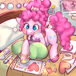 Size: 2048x2048 | Tagged: safe, artist:twiddletwum, derpibooru import, pinkie pie, earth pony, pony, bed, colored hooves, cute, diapinkes, ears, female, floppy ears, glitter, heart, high res, mare, marker, mouth hold, on bed, pillow, solo