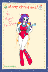 Size: 734x1089 | Tagged: safe, artist:uravilladge, derpibooru import, rarity, human, equestria girls, christmas, clothes, flying, hand on hip, happy, hat, holiday, jetpack, leotard, open mouth, santa hat, scarf, solo