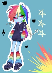 Size: 597x831 | Tagged: safe, artist:rainbom__1122, derpibooru import, rainbow dash, equestria girls, clothes, devil horns, devil tail, horns, shoes, shorts, sweater, tail