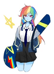 Size: 575x784 | Tagged: safe, artist:rainbom__1122, derpibooru import, rainbow dash, equestria girls, clothes, guitar, headphones, jacket, musical instrument, necktie, school uniform, simple background, solo, white background