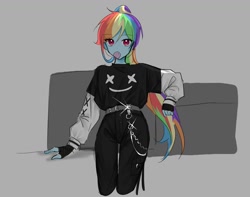 Size: 1060x834 | Tagged: safe, artist:rainbom__1122, derpibooru import, rainbow dash, equestria girls, bubblegum, chains, clothes, food, gum, pants, shirt, solo