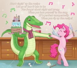 Size: 1361x1200 | Tagged: safe, artist:vavacung, derpibooru import, pinkie pie, crocodile, earth pony, pony, bipedal, cake, clothes, crossover, dancing, duo, eyes closed, female, food, happy, hoof hold, kitchen, lyle lyle crocodile, lyle the crocodile, male, mare, older, open mouth, parody, scarf, singing