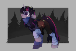 Size: 3000x2000 | Tagged: safe, artist:wacky-skiff, derpibooru import, twilight sparkle, unicorn twilight, pony, unicorn, bag, clothes, forest, saddle bag, solo