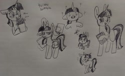 Size: 2193x1332 | Tagged: safe, artist:nootaz, derpibooru import, twilight sparkle, unicorn twilight, butterfly, pony, unicorn, bag, book, ears, eyes closed, floppy ears, food, french fries, happy, looking at you, question mark, saddle bag, smiling, solo, traditional art, unamused