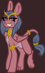 Size: 626x999 | Tagged: safe, artist:nootaz, derpibooru import, oc, oc only, hybrid, pony, sphinx, egyptian, egyptian headdress, egyptian pony, female, grin, interspecies offspring, lidded eyes, looking at you, magical lesbian spawn, offspring, parent:somnambula, parent:sphinx (character), parents:sphinxambula, smiling, solo