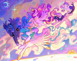 Size: 2048x1602 | Tagged: safe, artist:千雲九枭, derpibooru import, princess cadance, princess celestia, princess flurry heart, princess luna, twilight sparkle, twilight sparkle (alicorn), alicorn, pony, :p, alicorn pentarchy, alicorn tetrarchy, chest fluff, crown, curved horn, eyes closed, female, filly, flying, foal, happy, heart, hoof shoes, horn, jewelry, mare, moon, regalia, slim, smiling, spread wings, stars, sun, thin, tiara, tongue, tongue out, wings