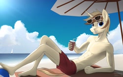 Size: 3350x2100 | Tagged: safe, artist:dash wang, derpibooru import, oc, oc only, oc:cream brun, anthro, plantigrade anthro, unicorn, abs, beach, beach ball, clothes, hand, looking at you, male, nudity, partial nudity, smiling, solo, sunglasses, topless