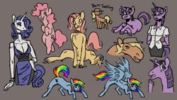 Size: 1600x900 | Tagged: safe, artist:jamdrawers, derpibooru import, applejack, fluttershy, pinkie pie, rainbow dash, rarity, twilight sparkle, unicorn twilight, anthro, earth pony, pegasus, pony, unicorn, clothes, collar, dress, grin, mane six, sketch, smiling