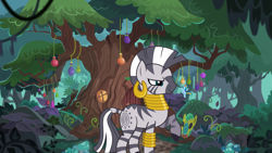 Size: 3840x2160 | Tagged: safe, artist:birthofthepheonix, artist:mlp-silver-quill, artist:uxyd, derpibooru import, rainbow dash, zecora, pegasus, pony, zebra, ear piercing, earring, female, high res, jewelry, leg rings, mare, micro, neck rings, piercing, raised hoof, raised leg, size difference, smiling, tiny, tiny ponies, zecora's hut