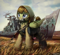 Size: 2200x2000 | Tagged: safe, artist:adagiostring, derpibooru import, oc, oc:donnik, pegasus, pony, aks-74u, cup, detailed background, gas mask, gun, mask, rifle, s.t.a.l.k.e.r., ship, solo, stalker, weapon