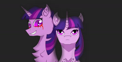 Size: 1635x828 | Tagged: safe, artist:nismorose, derpibooru import, linky, midnight sparkle, twilight sparkle, unicorn twilight, oc, oc:midnight sparkle, unicorn, black background, blood, chest fluff, crying, ear fluff, ears, evil grin, evil twilight, eyelashes, fanfic art, fanfic in the description, female, grin, horn, looking at you, mare, sharp teeth, simple background, slit eyes, smiling, tears of blood, teary eyes, teeth, youtube link