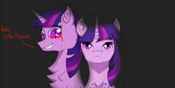 Size: 1641x828 | Tagged: safe, artist:nismorose, derpibooru import, midnight sparkle, twilight sparkle, unicorn twilight, oc, oc:midnight sparkle, pony, unicorn, black background, blood, chest fluff, crying, dialogue, ear fluff, ears, evil grin, evil twilight, eyelashes, fanfic art, fanfic in the description, female, grin, horn, link, looking at someone, looking at you, mare, sharp teeth, simple background, slit eyes, smiling, speech, talking, tears of blood, teary eyes, teeth, text, youtube link