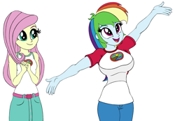 Size: 1550x1080 | Tagged: safe, artist:roseluck, derpibooru exclusive, derpibooru import, fluttershy, rainbow dash, human, equestria girls, legend of everfree, arms in the air, bare shoulders, belt, big breasts, breasts, camp everfree outfits, clothes, colored sketch, duo, duo female, female, hands together, happy, looking at someone, looking up, missing accessory, open mouth, open smile, pants, rainboob dash, scene interpretation, shirt, simple background, skirt, smiling, standing, t-shirt, tanktop, three quarter view, white background