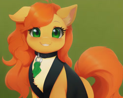 Size: 960x768 | Tagged: safe, derpibooru exclusive, derpibooru import, editor:darbarri, generator:stable diffusion, machine learning generated, oc, oc only, earth pony, pony, clothes, collar, cute, ear fluff, ears, female, looking at you, mare, simple background, smiling, smiling at you, solo, suit