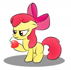 Size: 1280x1271 | Tagged: safe, artist:daburu, derpibooru import, apple bloom, earth pony, pony, worm, apple, apple bloom's bow, bow, ears, female, filly, floppy ears, foal, food, hair bow, simple background, solo, upset, white background