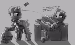 Size: 2280x1372 | Tagged: safe, artist:uteuk, derpibooru import, oc, oc:natrix capefiv, oc:shady, earth pony, pony, armor, black and white, can, elite rior gear, fallout, fallout: new vegas, female, grayscale, helmet, mare, monochrome, ncr ranger, simple background, sofa, stealth armor, throwing
