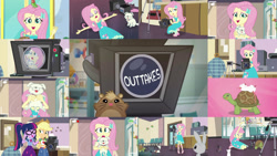 Size: 1280x721 | Tagged: safe, derpibooru import, editor:quoterific, applejack, fluttershy, sci-twi, twilight sparkle, bird, cat, dog, mouse, rabbit, turtle, better together, equestria girls, outtakes (episode), animal